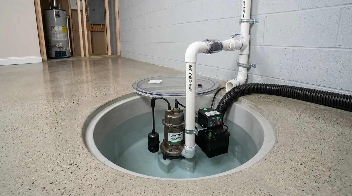 Sump pump and discharge piping inside an open basement sump basin.