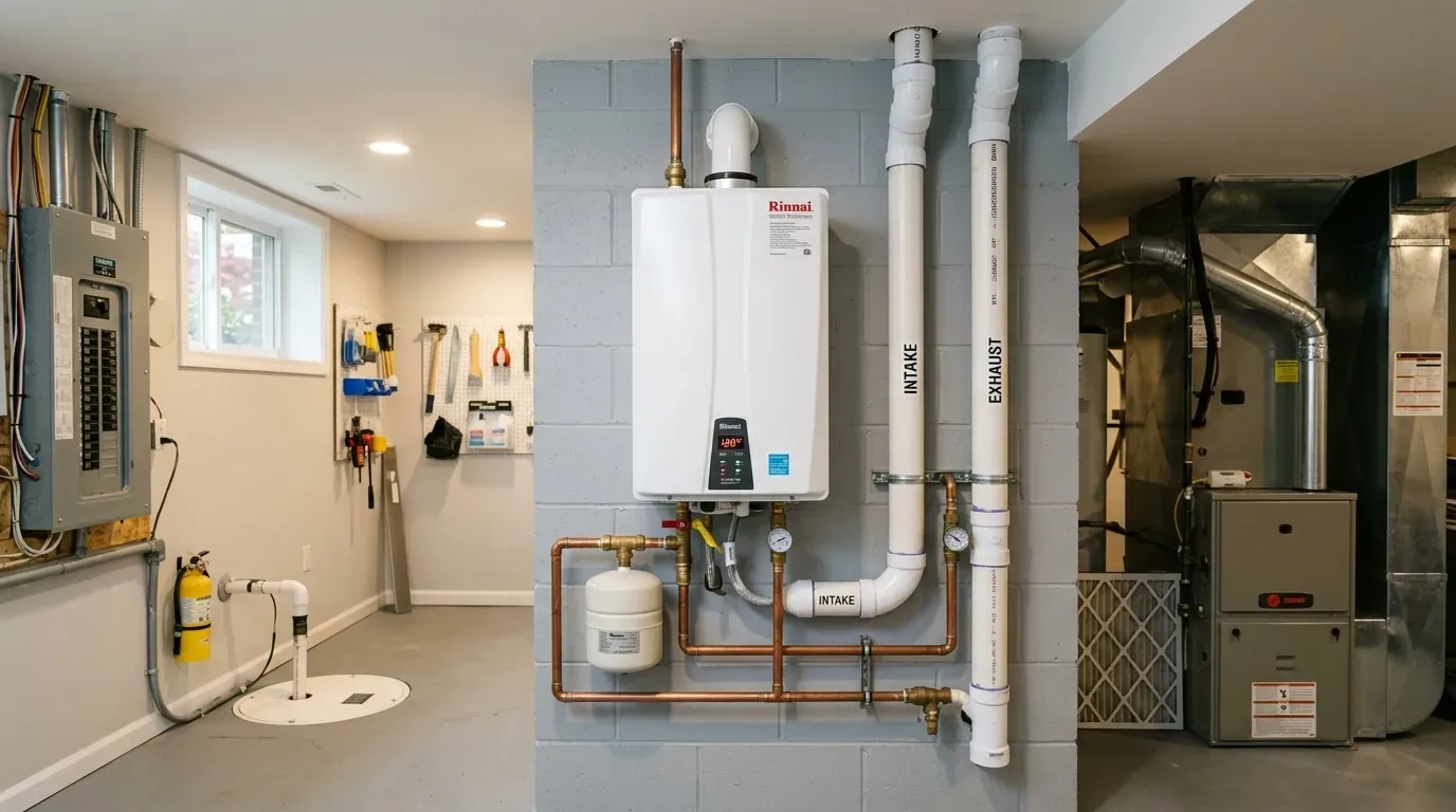 Wall-mounted tankless water heater with water piping and vent connections.