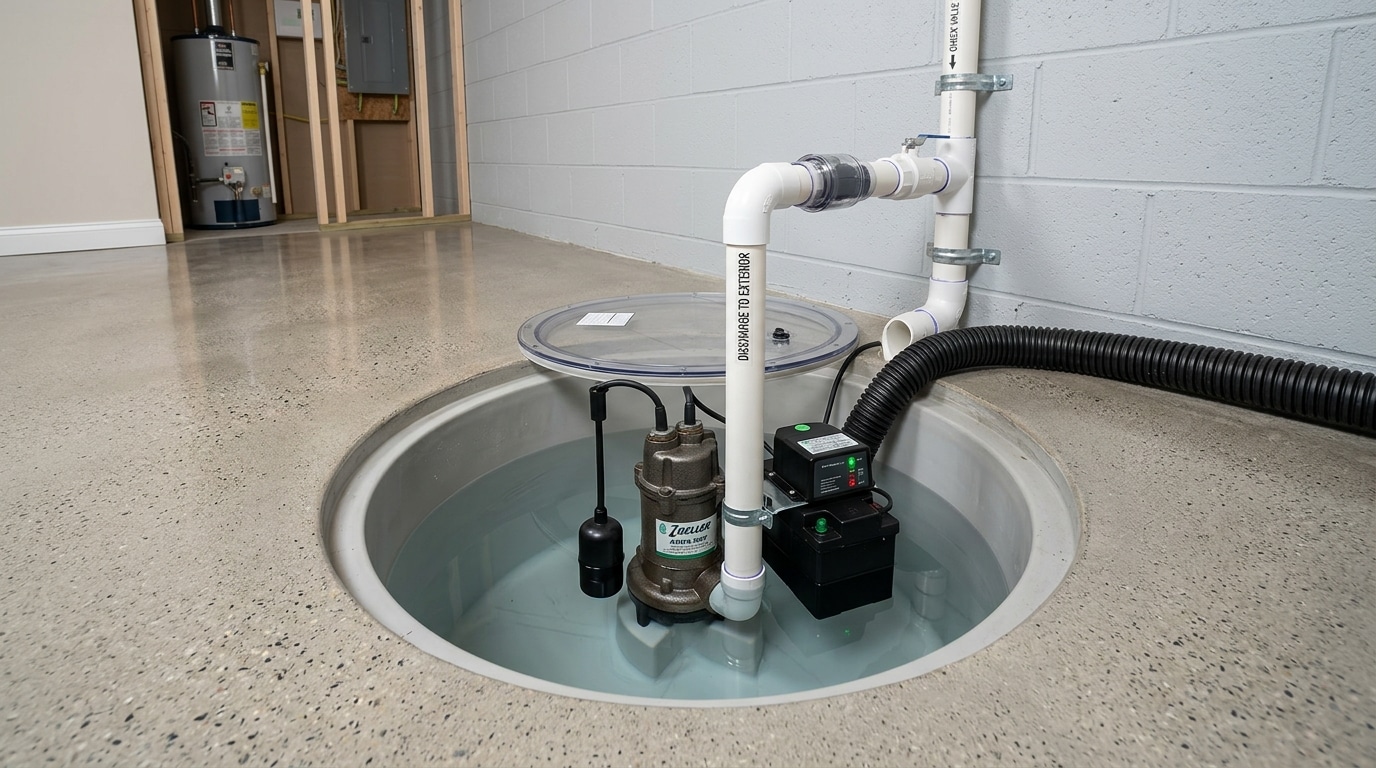 Residential sump pump installed in a basement pit at a Gaithersburg, MD home
