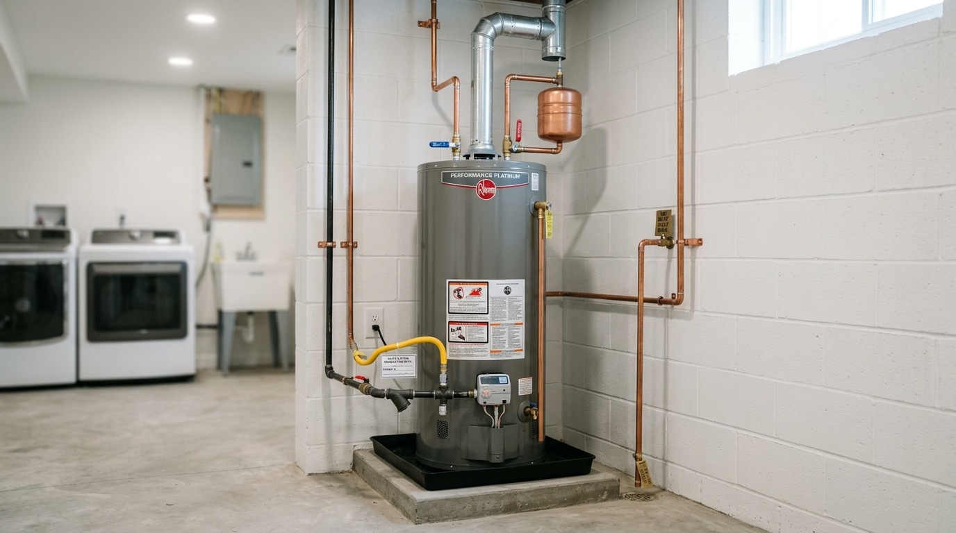 New residential gas tank water heater installed in a utility room of a Gaithersburg, MD home