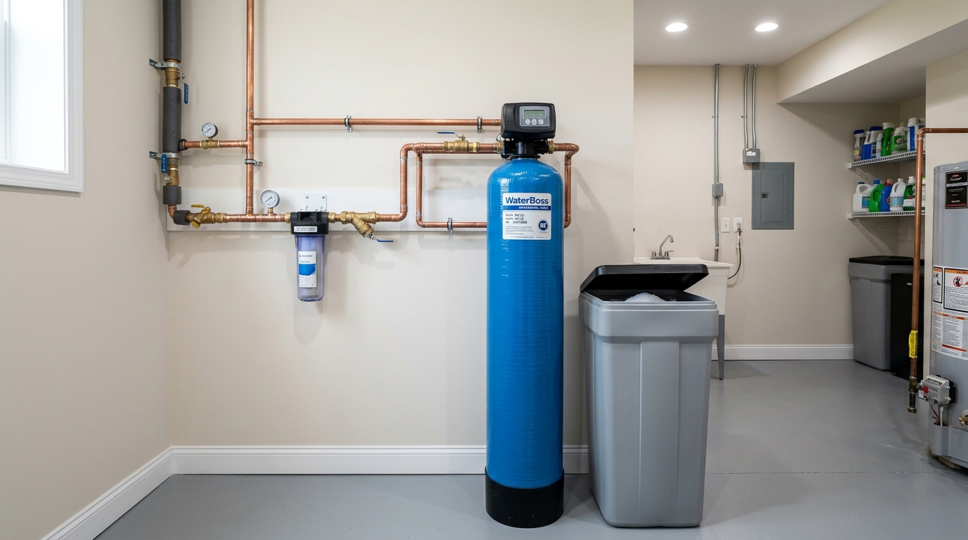 Whole-house water softener tank and brine tank in a Frederick County, MD home